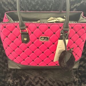 Betsey Johnson Hot Pink Quilted Tote with Black Trim & Pom Pom
